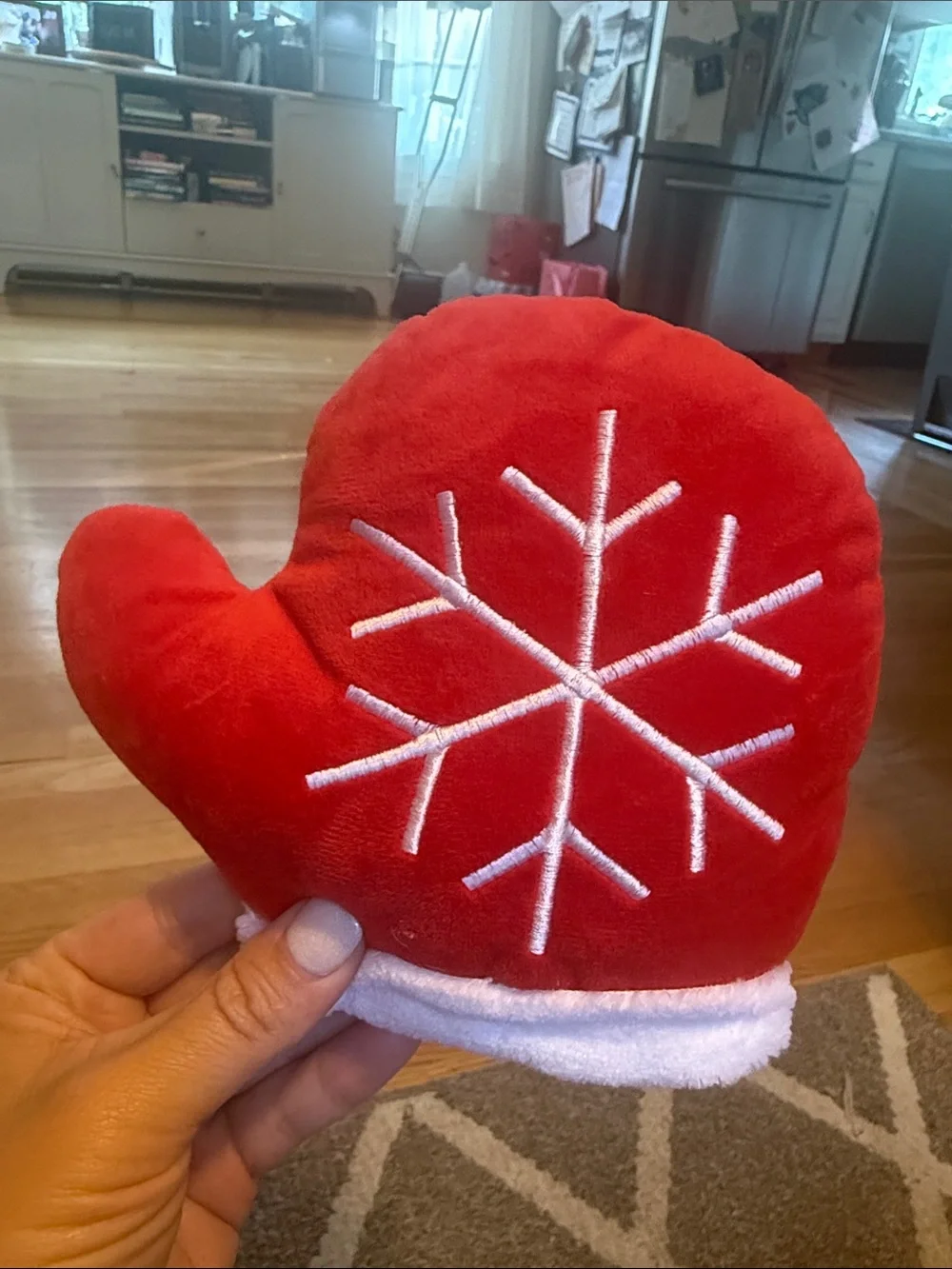 Red Holiday Mitten Plush Dog Toy Squeaker with White Snowflake Embroidery